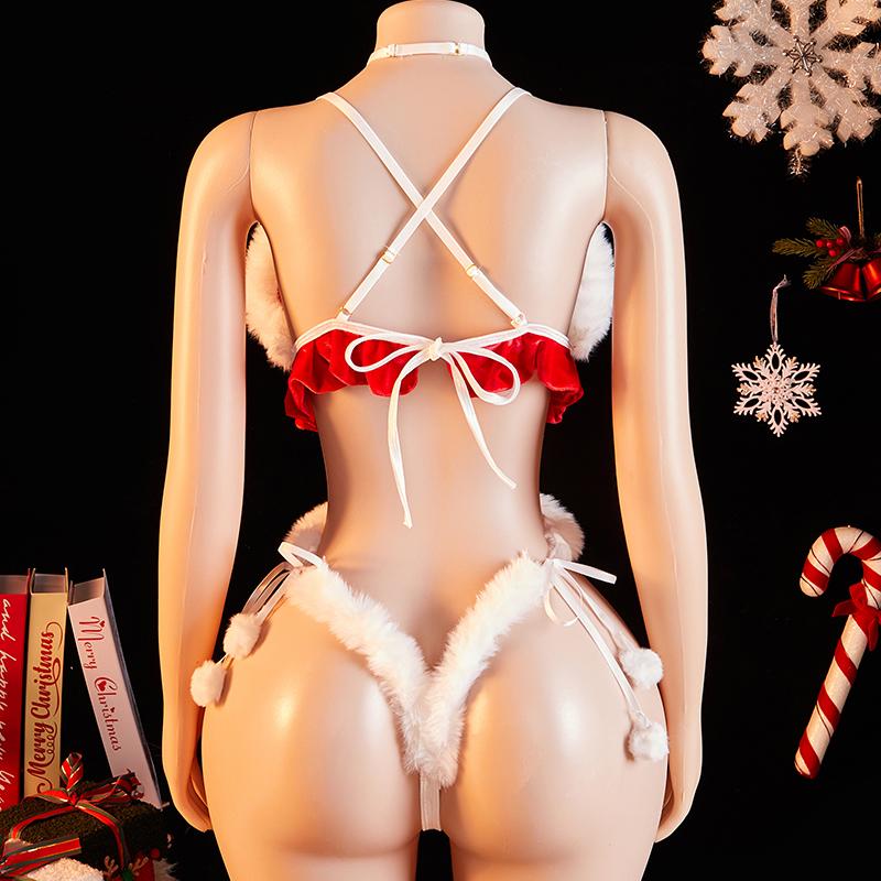 Women's Christmas Sexy Bunny Red Bodysuit Bow Tie Decoration Underwear Deep V Hollow Backless Sexy Christmas Gift Lingerie Set