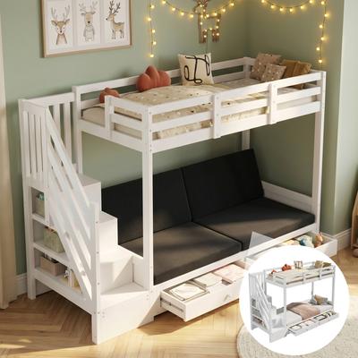 Children's Bunk Bed, With Stair Cabinet and 2 Drawers, Without Mattress, The Lower Level Used As Bed or Sofa and Includes Cushions, White, 90*200