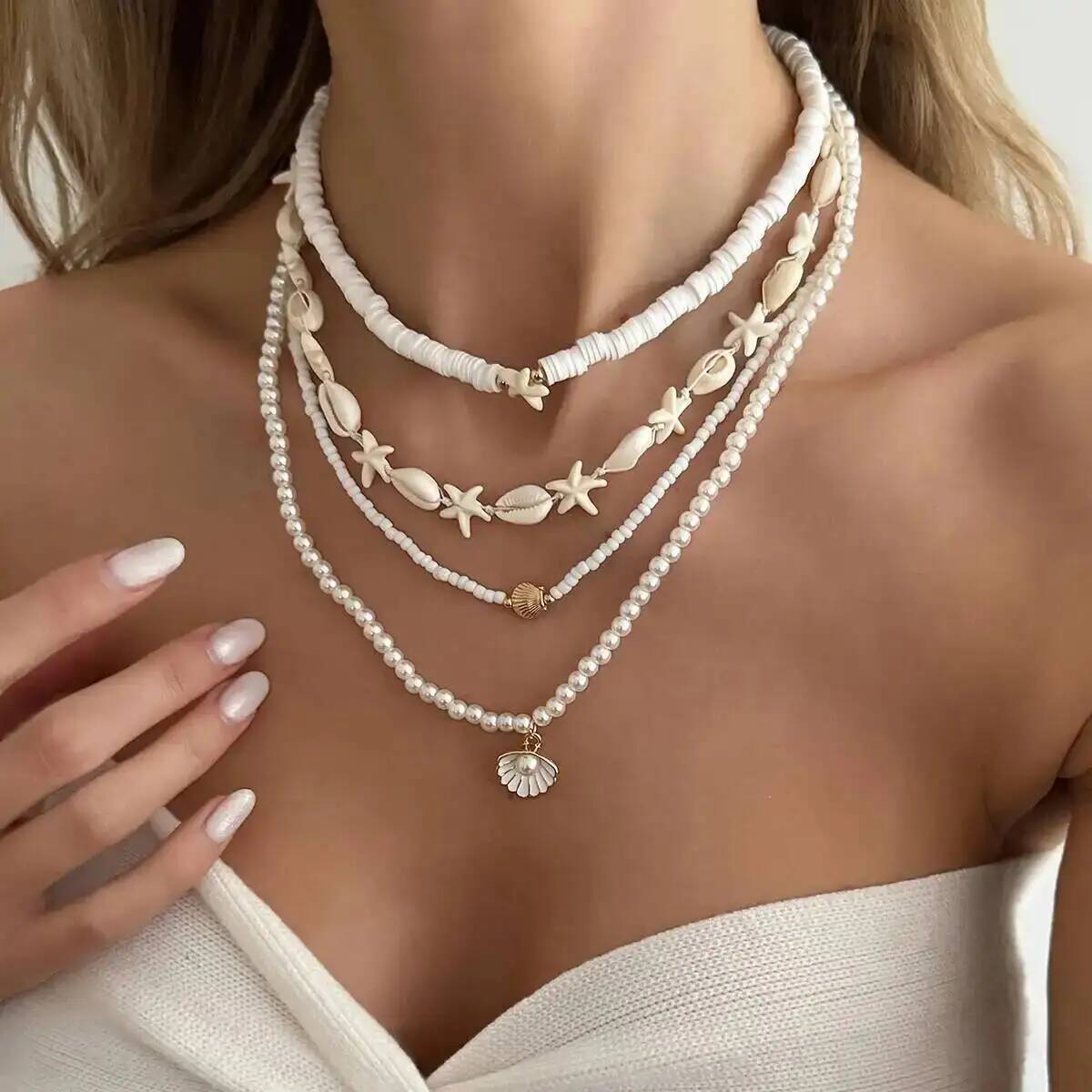 

SHIXIN 4Pcs Boho Exquisite Imitation Pearl Scallop Starfish Pendant Necklace Women New Charm Clavicle Bead Chain Jewelry Gifts