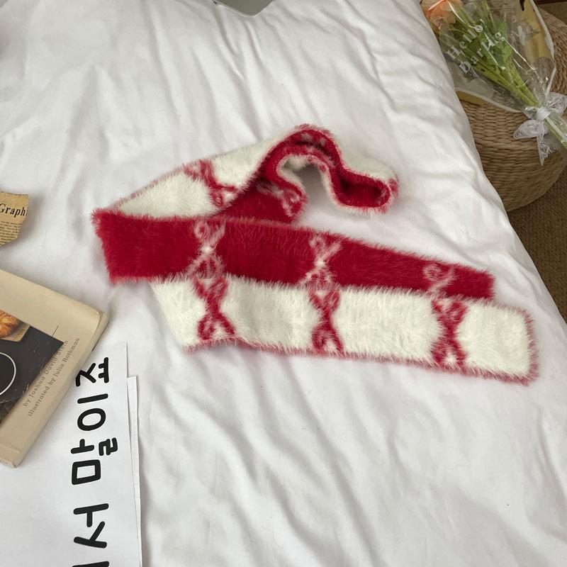 

6*180cm Y2K Styles Winter Warm Imitation Mink Fur Small Wool Scarf Women Stripe Shawls Lady Soft Wraps Neckerchief 6x180cm