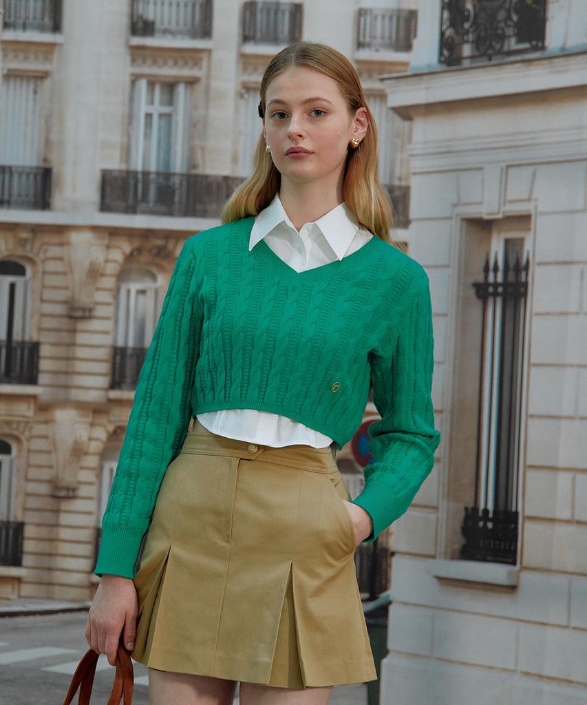 ROLAROLA Crop V Neck Cable Knit Green