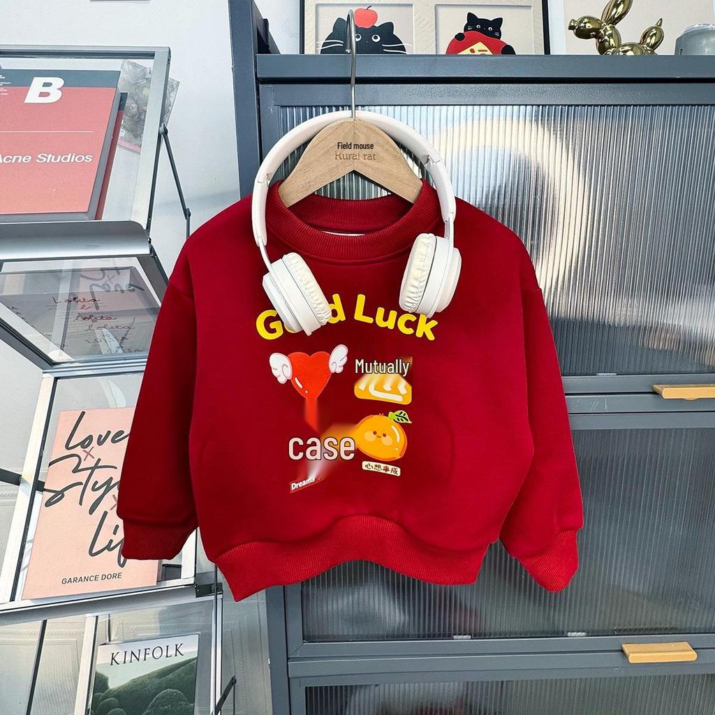 Make Your Wishes Come True: New Year Parent-Child Jujube Red Sweatshirt for Autumn/Winter - Family Outfit for Three or Four