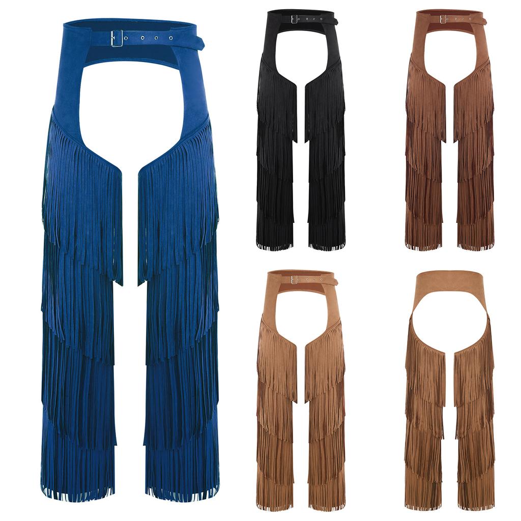 Western Cowboy Motorcycle Pants for Adults Men S-3XL - Open Crotch Buttless Style with Layered Fringe & Adjustable Buckles for Raves Holidays