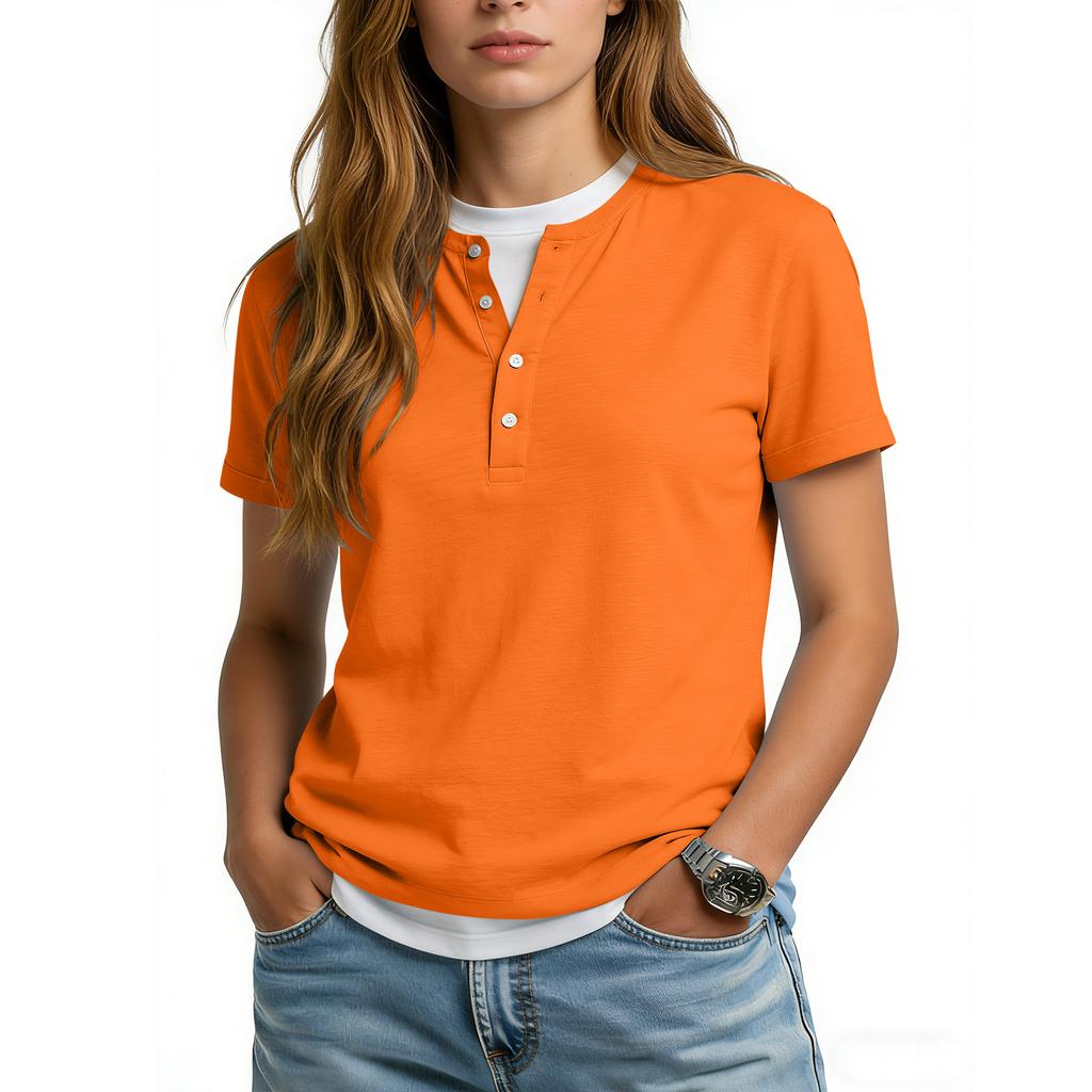 Women's Casual Color V,neck Short,sleeved T,shirt With Decorative Buttons.
