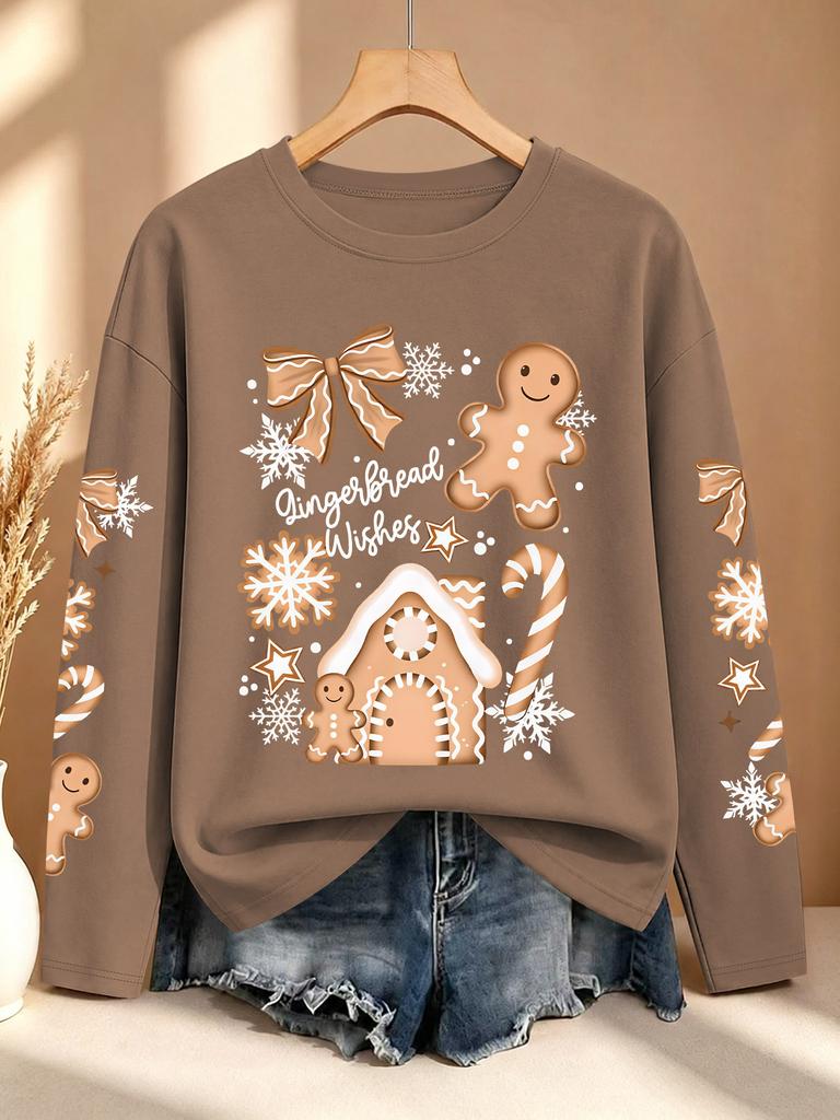 Women's Autumn and Winter Outfit Gingerbread House Candy Cane Bow Multiple Sleeve Printed Long Sleeve T-Shirt