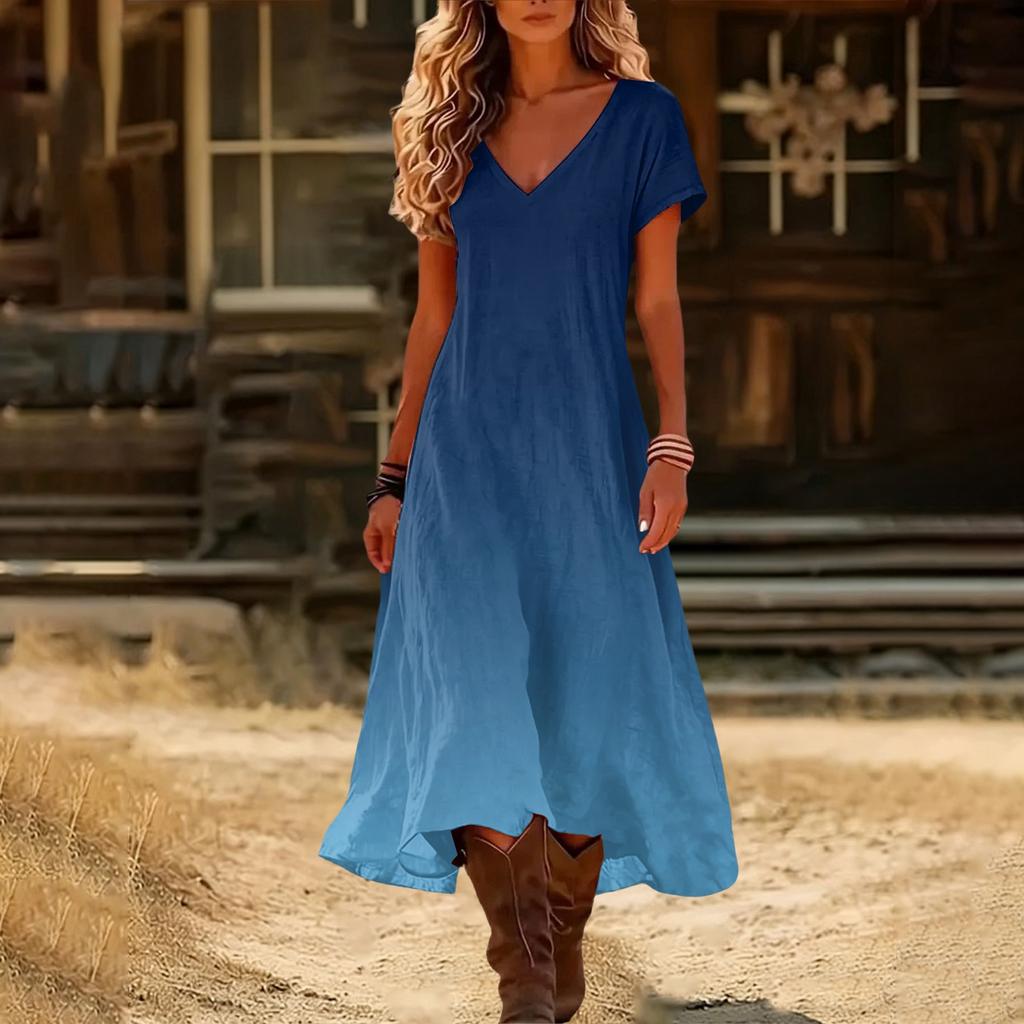 Modisches Damen Sommer V-Ausschnitt Kurzarm Farbverlauf Bedrucktes Strandkleid