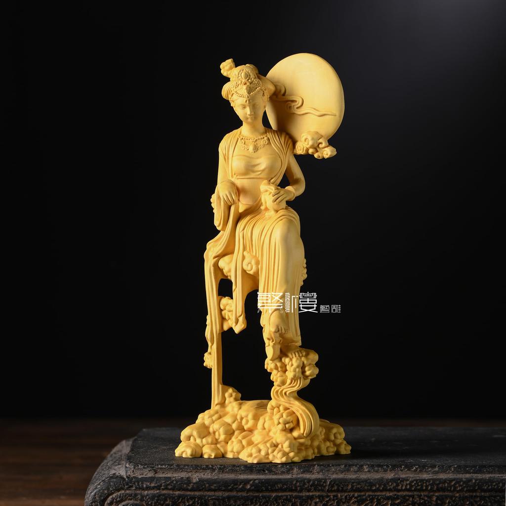 Hanrou Art Sculpture Moon God Ornament Wood Carving Celestial Statue Chinese Mythological Figure Handmade Artwork Gift 18cm X Width 6cm X Depth