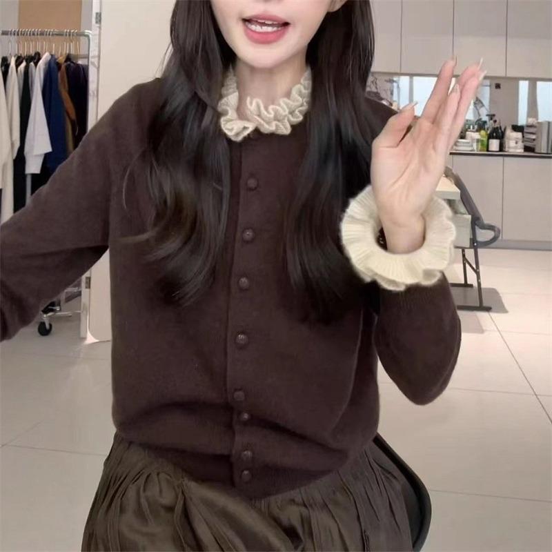 Fungus lace temperament knitted cardigan autumn and winter new lazy wind round neck contrasting sweater jacket top women