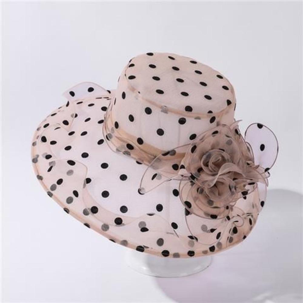 Women's Retro Polka Dot Organza Sun Hat - Wide Brim Mesh Derby Hat with Floral Accent, Black & White Patterned Design, Perfect for Beach, Outdoor