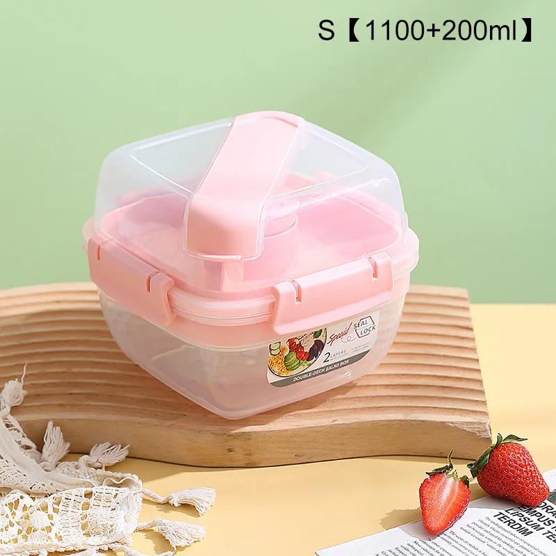 Portable 2 Layer Salad Bowls with Fork 1300ml/1600ml Lunch Box Sealed Leakproof Bento Boxes Reusable Picnic Box Food Container