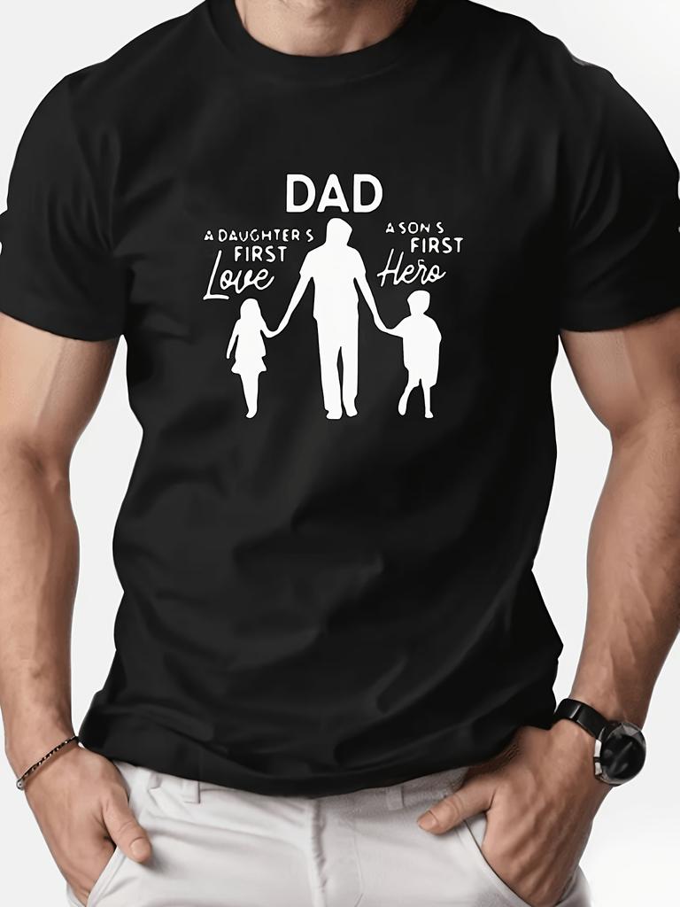 Father'S Day Parent- Style T-Shirt for Men "DAD Is Daughter'S First Love Son'S Hero" Silhouette Print Slim Fit Round Neck T-Shirt Short Sleeve