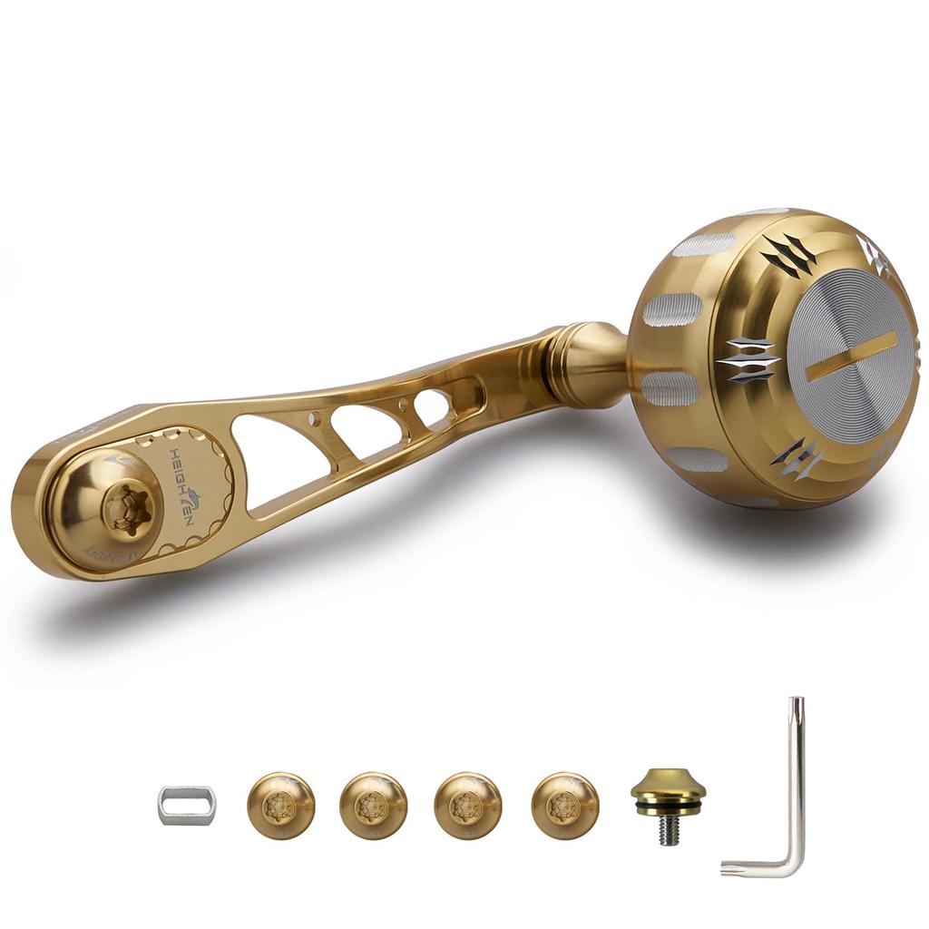 HEIGHTEN Variable Reel Handle with 35mm Handle Knob Abu Baitcasting Reel Universal Arch Hammer Series 65/75mm Shimano, Daiwa, (Gold & Silver) (985)