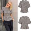European and American Women's New Plaid Puff Puff Sleeve Short-sleeve Shirt, Women's Summer French Vintage Elegant Commuter Top