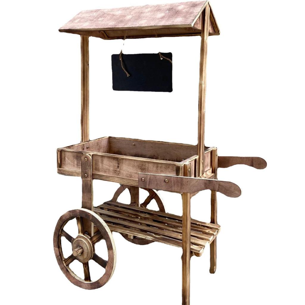Home Decor Wood Handcart Flower Stand Display Rack for Balcony & Cafe