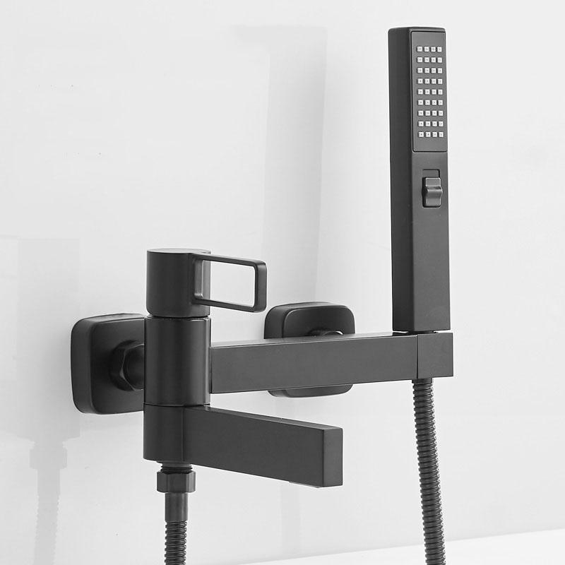 Schwarz/Chrom Messing Badewannen-Duscharmatur Set Handbrause Wandmontage Duscharmatur Hohlgriff Warm- und Kaltwasser-Mischbatterie Wasserfall