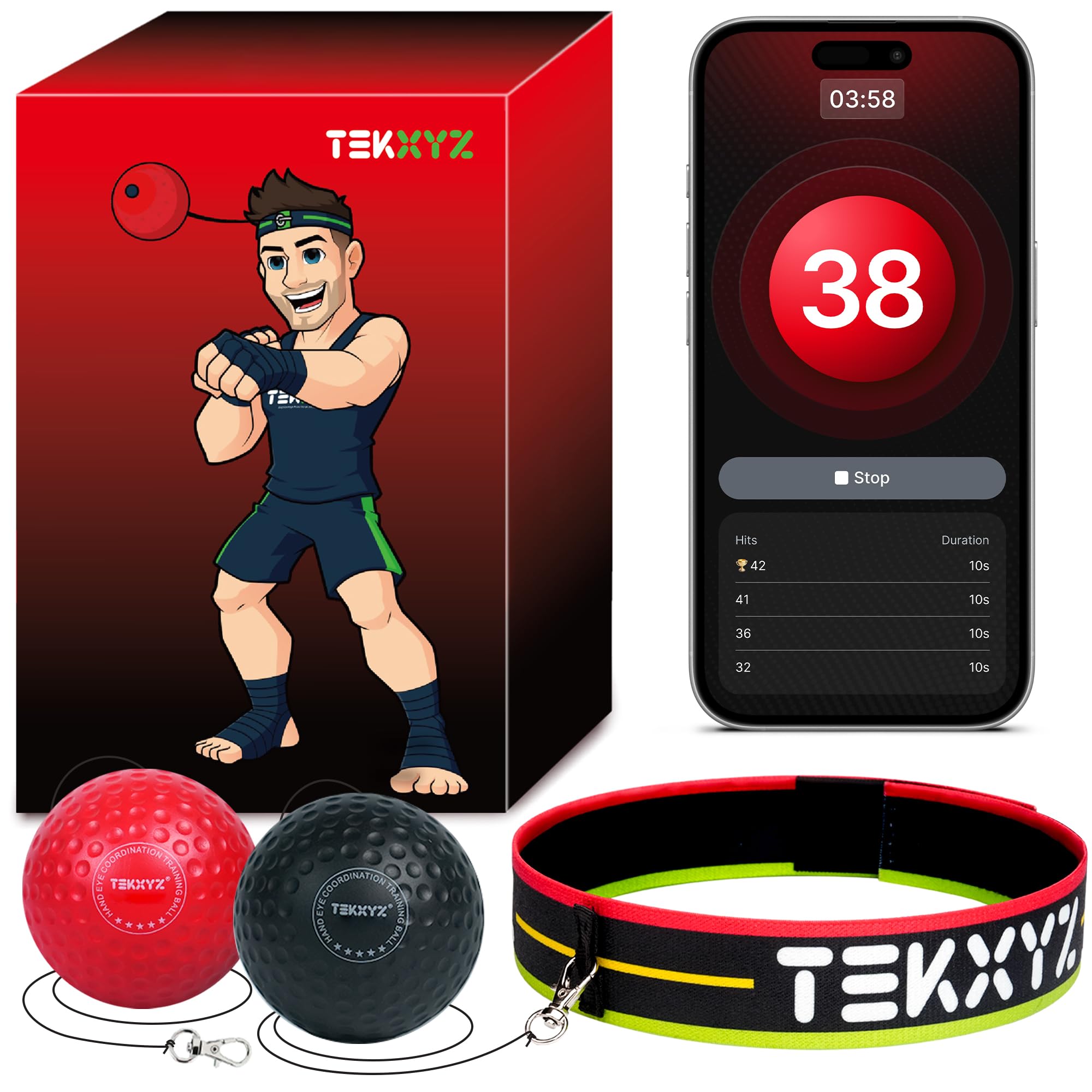 

TEKXYZ Boxing Reflex Ball, a boxing ball with two difficulty levels and a headband, softer than a tennis ball, ideal for training reaction, agility, p