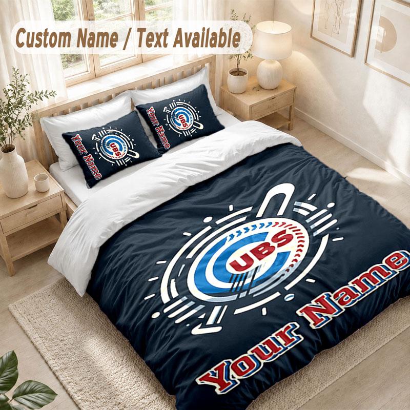 Custom Name Bedding Set 3 PiecesChicago Cubs Print Duvet Cover + 2 Pillowcases Soft Bed Decor