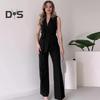 2 Pcs/Set Women Coat Pants Set V Neck Lace-up Slim Waist Mid Length Cardigan Sleeveless Jacket Wide Leg High Waist Straight Trousers Lady Formal