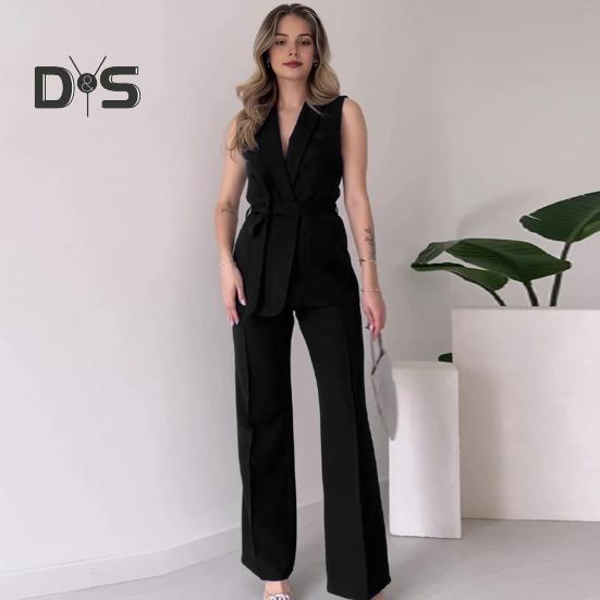 2 Pcs/Set Women Coat Pants Set V Neck Lace-up Slim Waist Mid Length Cardigan Sleeveless Jacket Wide Leg High Waist Straight Trousers Lady Formal