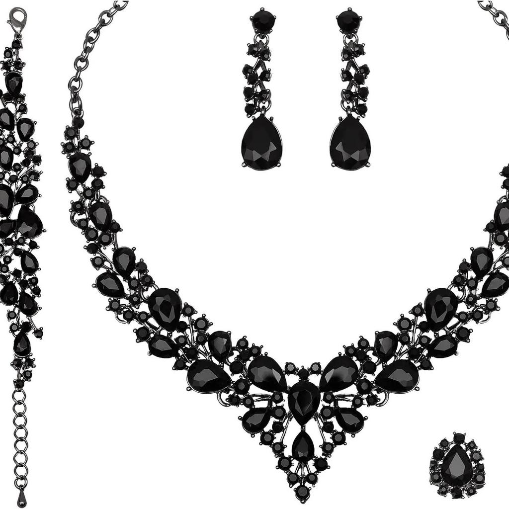 Set Colier Cercei Strass Cristal Mireasă Set Rochie Bal Banchet Doamne Set de Lux Patru Piese