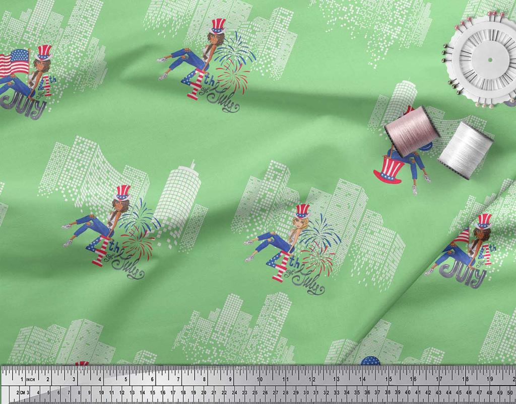 Soimoi Blue Japan Crepe Satin Fabric Text,Women & Bulidings Architectural Decor Fabric Printed Metre 42 Inch