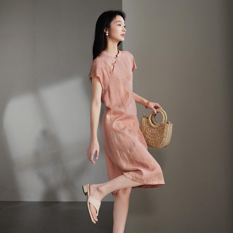 SOFSIL New Chinese Style Embroidered Ramie Cheongsam Dress
