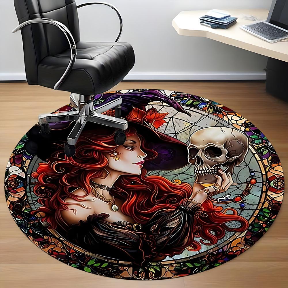 1PC Witch Skull Office Round Area Rug, Mat Suitable For Office, Under Office Chairs Bedroom Living Room Home Decor, Room Deco