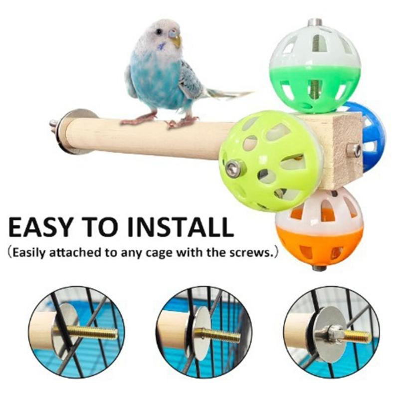 Wood Bird Perch Stand With Rotating Bells Balls Cage Exercise Toy For Conures Parrotlets Cage Entertainment Activity Toy
