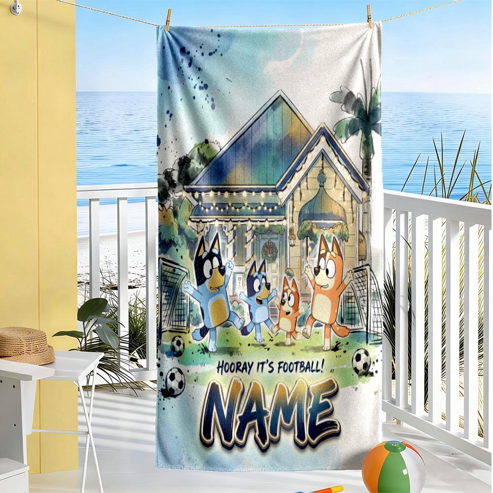 Bluey Friends Adventure Customized Name Beach Towel Quick-Dry Soft Microfiber Perfect for Traveling Yoga Camping and Swimming