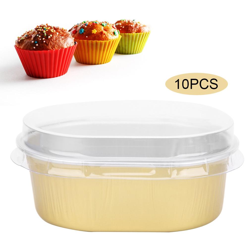 10Pcs Disposable Oval‑Shaped Aluminum Foil Cake Baking Cup Mold with Lid Kitchen Accessory(Gold )