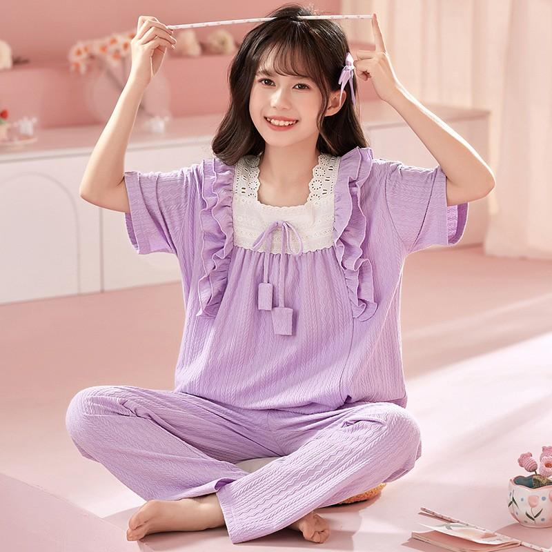 Girls Cotton Pajama Set Short Sleeve Princess Style Sleepwear Kids 8 Years Lightweight Home Wear