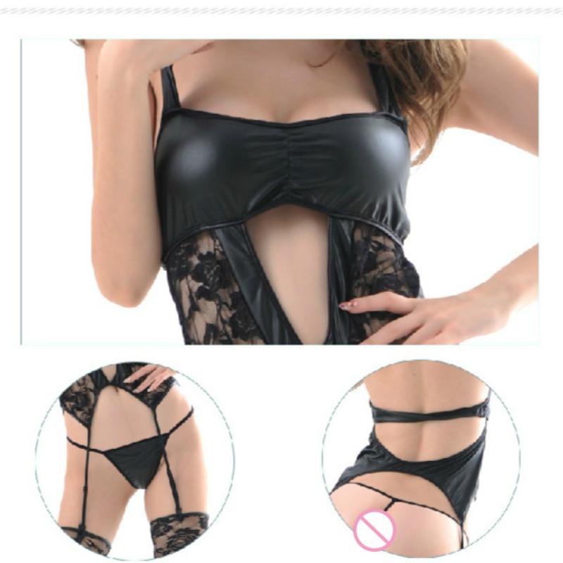 Sexi Women Halter Backless Top Faux Leather Sexy Lingerie Set Printed Fabric Erotic Underwear Ladies Transparent Bodystocking