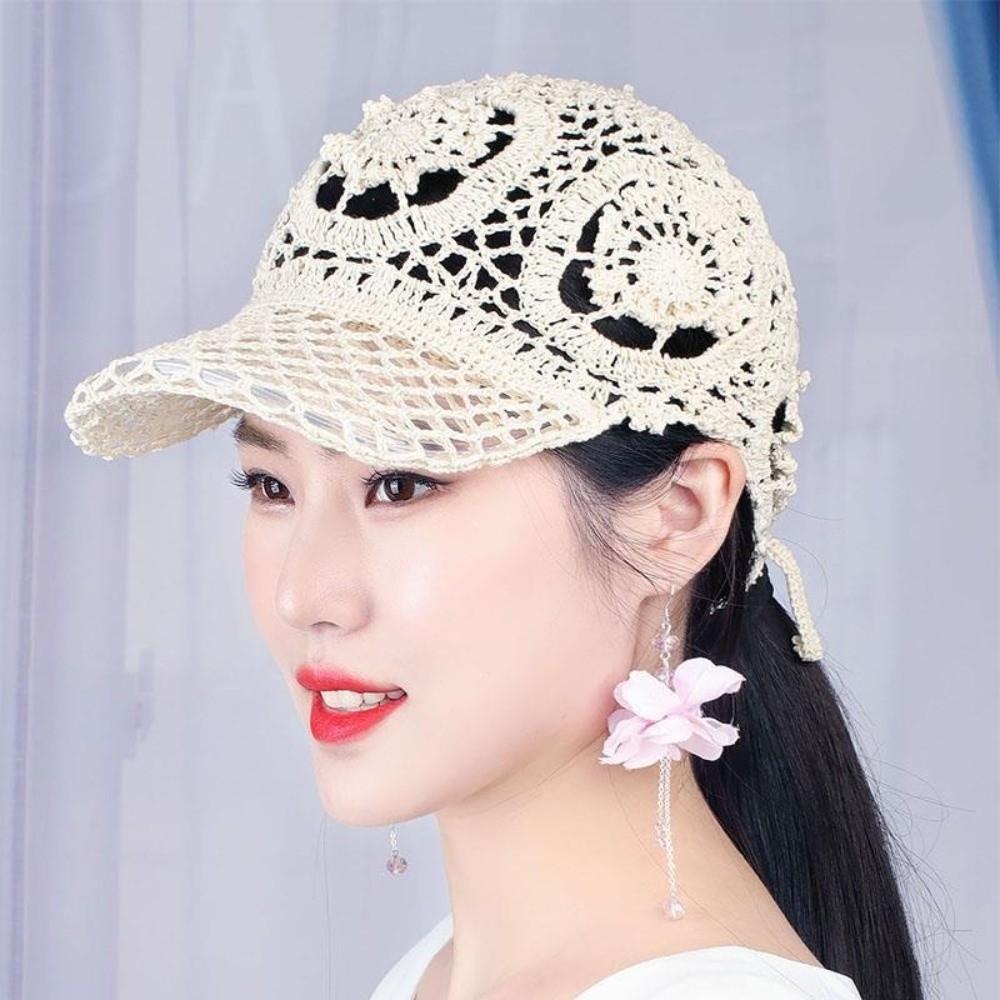 Polyester Crochet Baseball Cap Floral Lace Mesh Peaked Cap Casual Sun Hat Travel