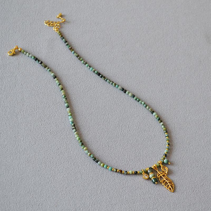 Autumn/Winter French Retro Turquoise Beaded Leaf Necklace