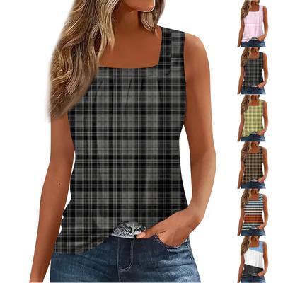 Women's Summer Casual Pleated Square Neck Sleeveless Tank Top Printed T-Shirt