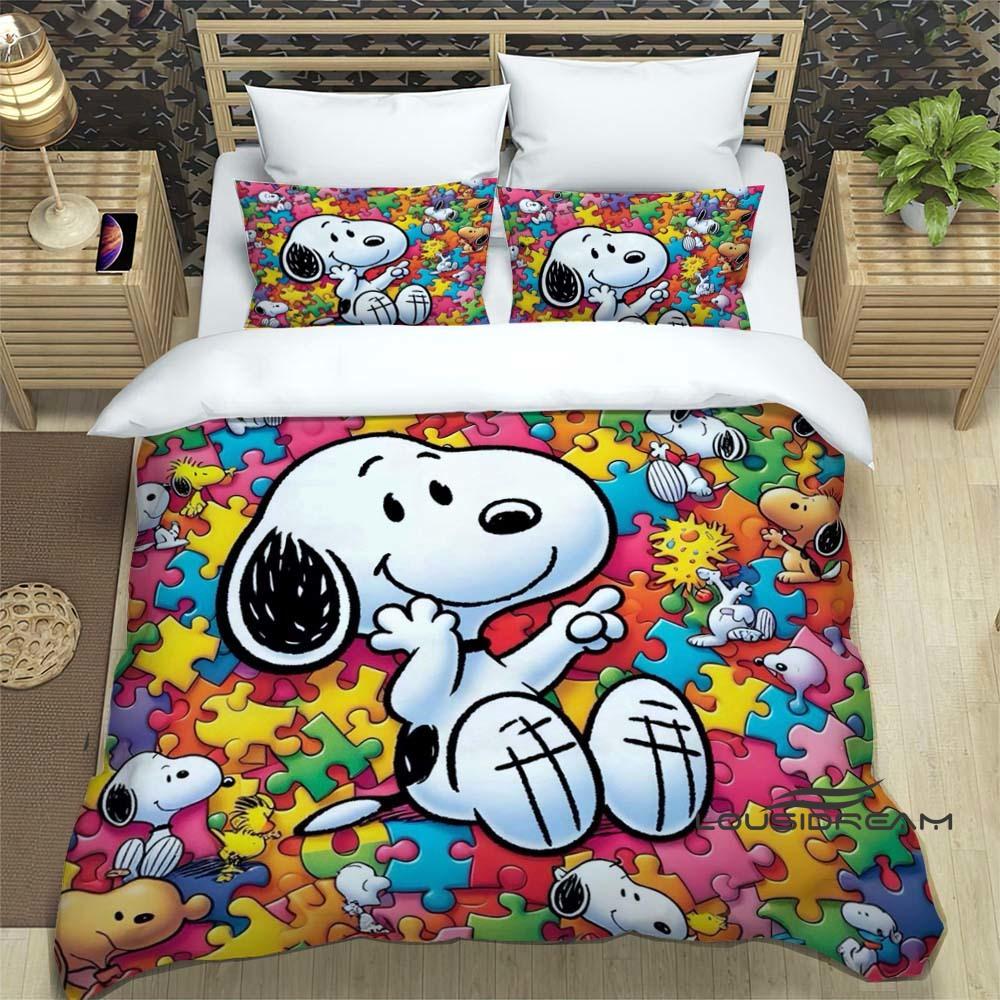 (Snoopy) Sunflower-Themed Printed Bedding Set: Featuring a duvet cover and pillowcases, this soft and comfortable set is availab