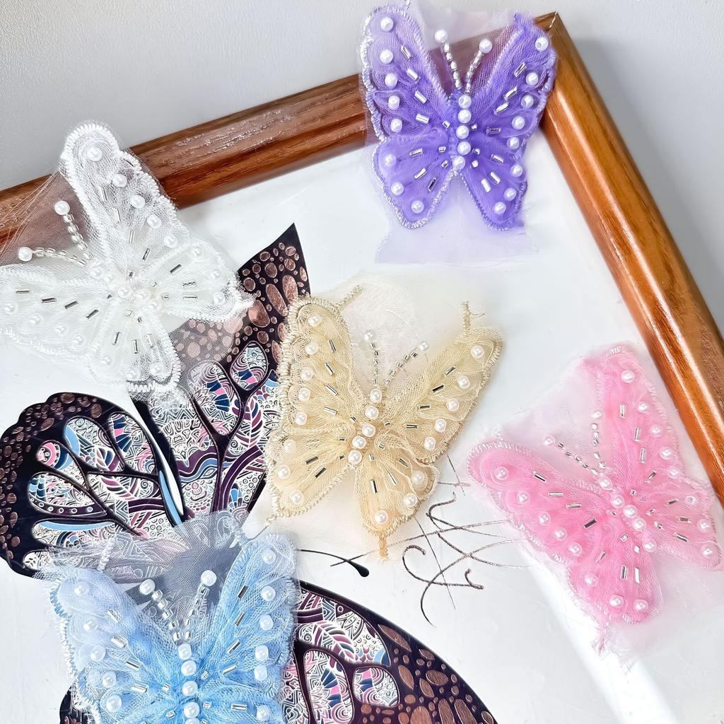 Three-Dimensional Pleated Mesh Butterfly Cloth Sticker Handmade Beaded Lace Wedding Dress Lolita Clothing Decoration Accessories