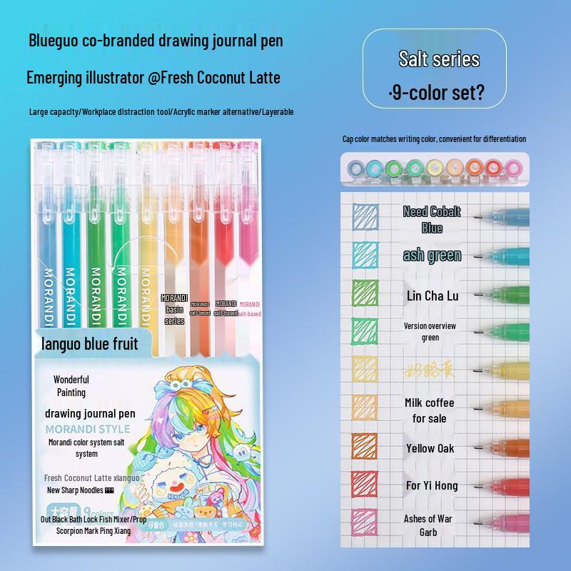 Blue Fruit Nine-Color Gel Journal Pens for Students - Doodle, Color, and Highlight with Fluorescent Markers