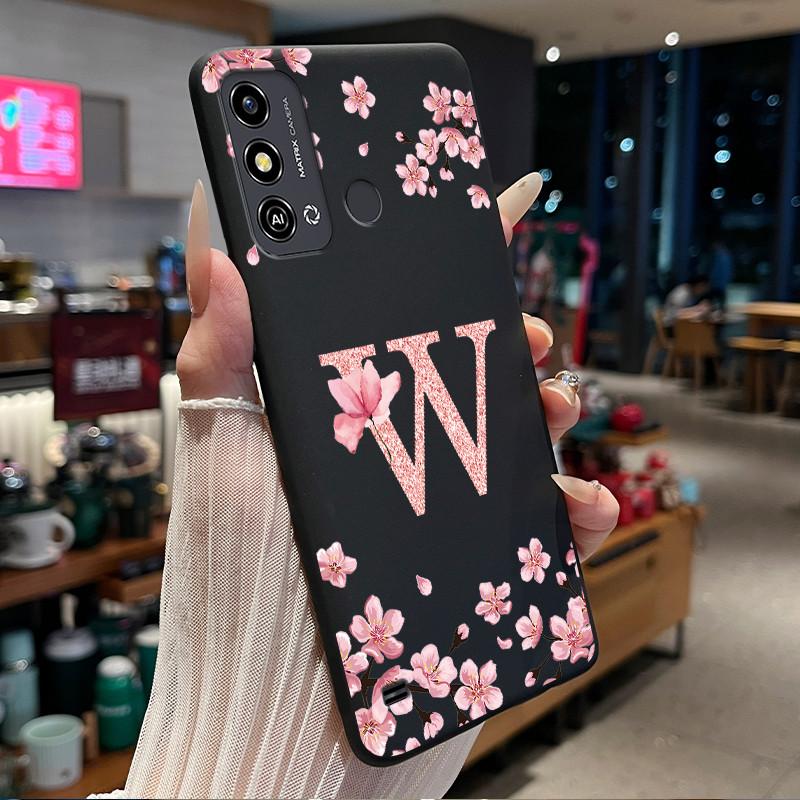 Black Case For ZTE Blade A53/A53+/Blade A53 Pro Flower Printing Initial Letters Phone Casing Soft Silicone Protective Back Cover