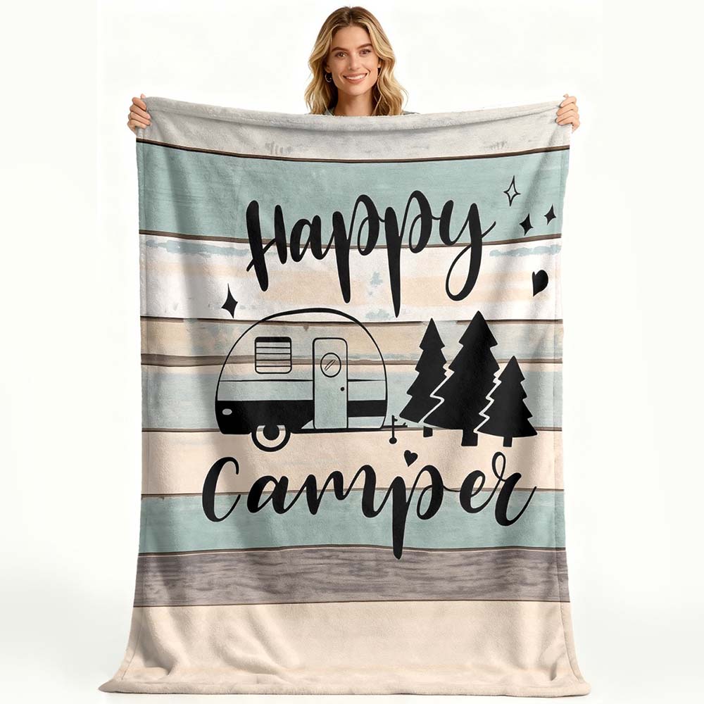 1Pc Happy Camper Retro Camping Themed Flannel Throw Blanket For Outdoor Rv Home Decor 100cmx70cm