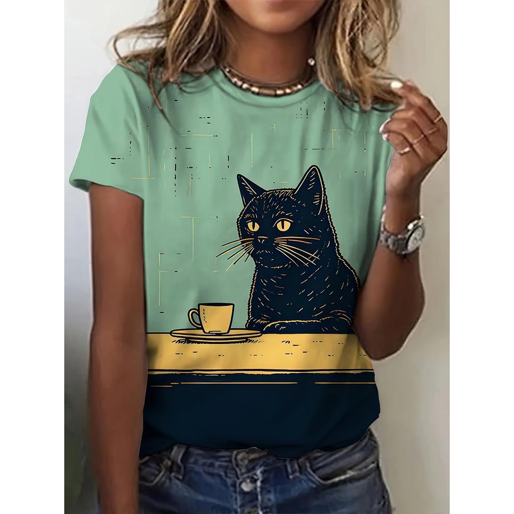 Women's TShirt Cat Print Design Harajuku Casual Short Sleeved Top Fashionable Trend Clothing