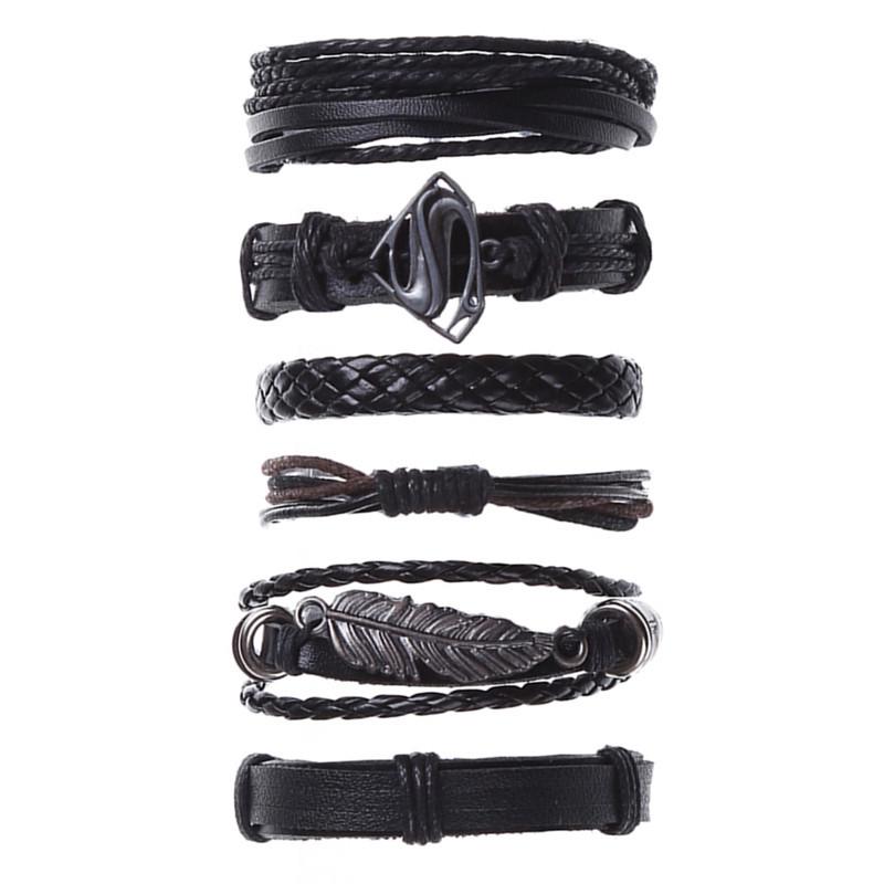 Punk 6-Piece Genuine Leather Multi-Layer Bracelet Set