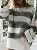 Women's Autumn New Fashion Striped Color Block Knit Sweater with Ribbed Crew Neck
