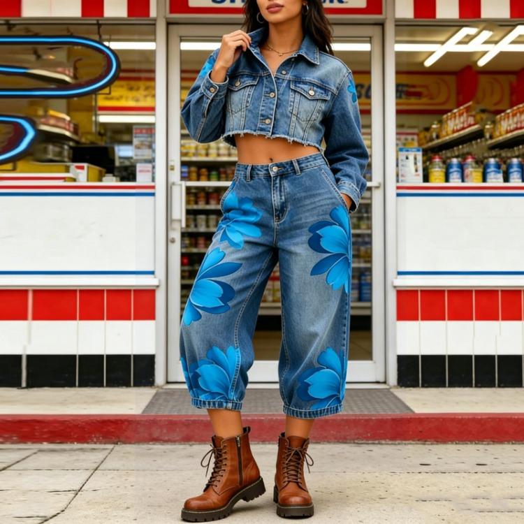 Women's Jeans - High Waist Wide Leg Denim Pants Women Floral Print Casual Loose Fit Comfortable Bottoms Suitable for Every Occasion