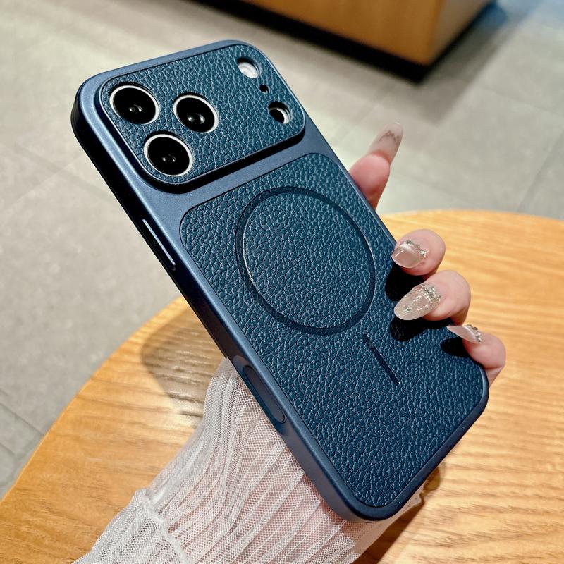 Luxury Lychee Pattern Leather Case For iPhone 17 16 15 14 13 Pro Max 16Pro  Magsafe Wireless Charge Cover