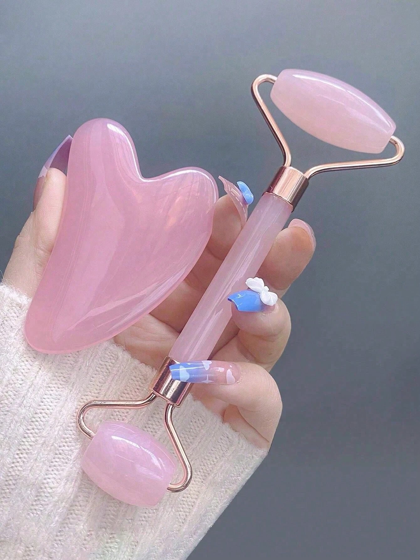 

Facial & Body Massage Tool Set - Roller Massager & Gua Sha Scraping Plate for Face Neck Back - Pink/White Optional розовый
