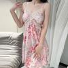 Internet Celebrity Women's Summer Ice Silk Pajamas Sexy with Chest Pads Suspenders Shorts Loungewear Printed Lace Suit