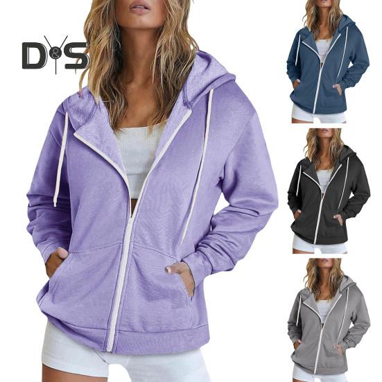 Autumn Spring Women Coat Hooded Drawstring Long Sleeves Pockets Zip-up Elastic Cuff Hem Loose Sport Hoodie Casual Daily Wear Jacket