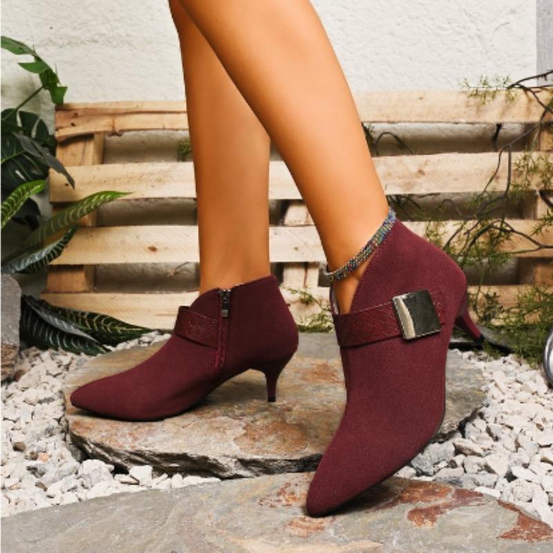 Fashion Metal Belt Buckle Decoration Ankle Boots Women 2025 Autumn Sexy Pointed Toe High Heel Boots Suede Side Zip Booties