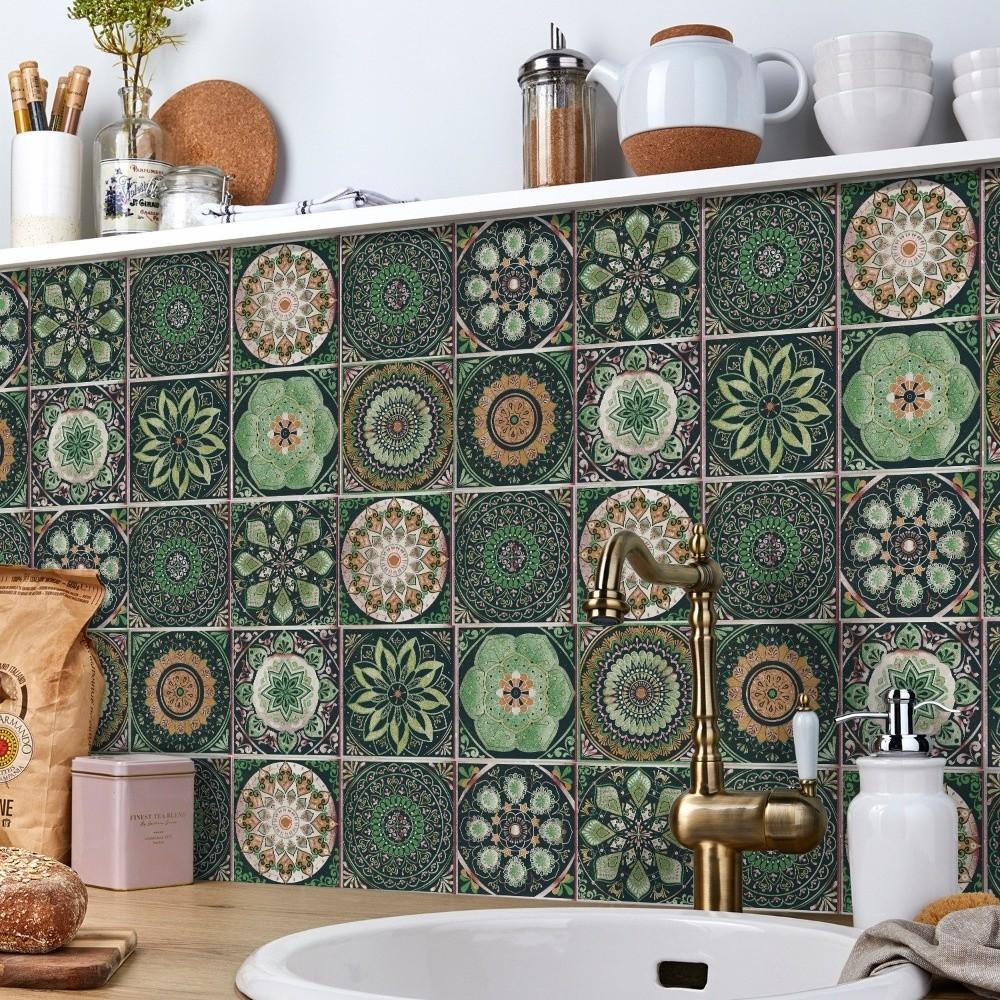 24pcs/set Self-Adhesive Kitchen Wallpaper Mandala Wall Decoration Sticker Bathroom Tile Stickers
